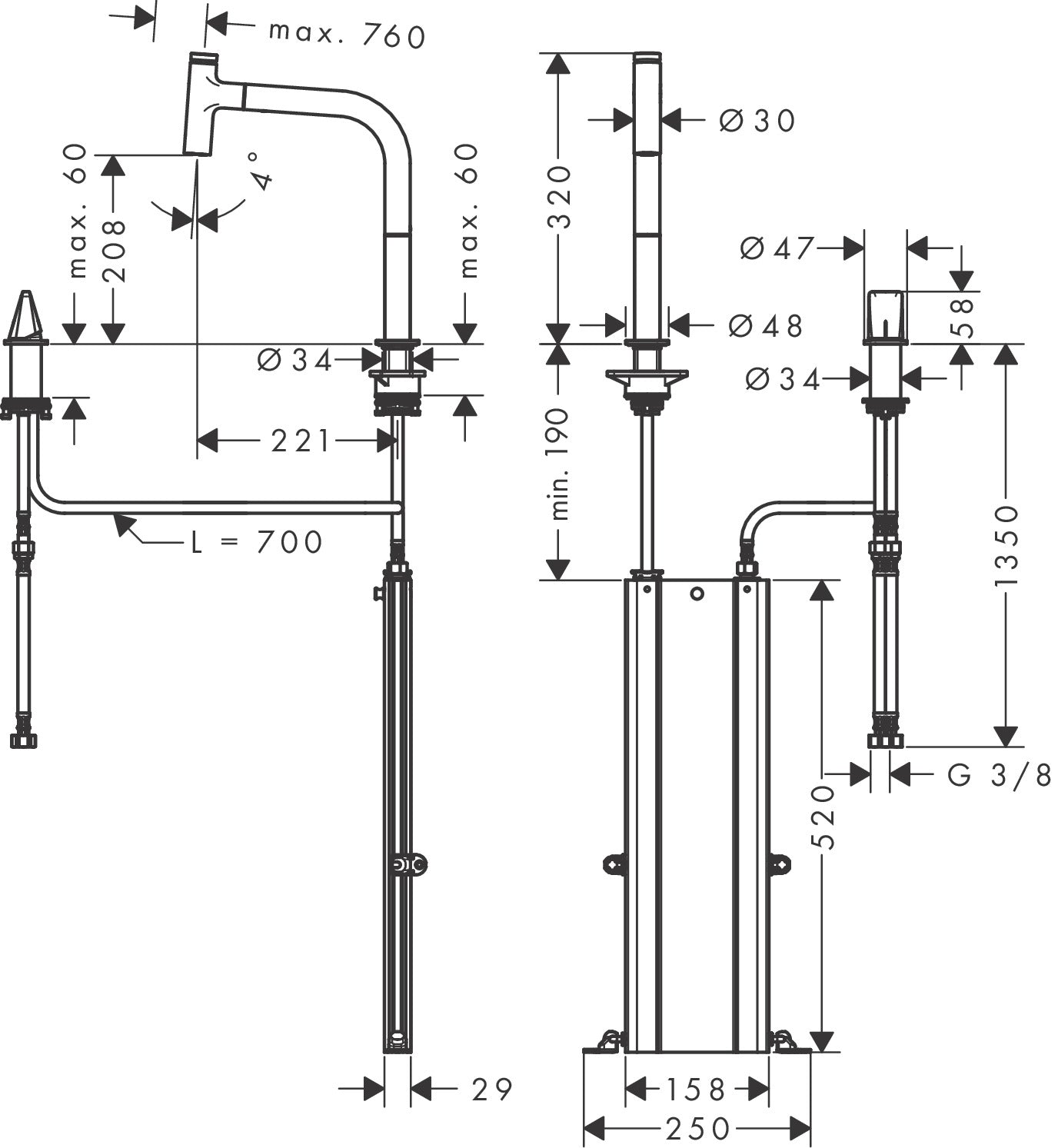 Hansgrohe Metris Select M71 sbox超長伸縮按壓廚房龍頭｜雙孔